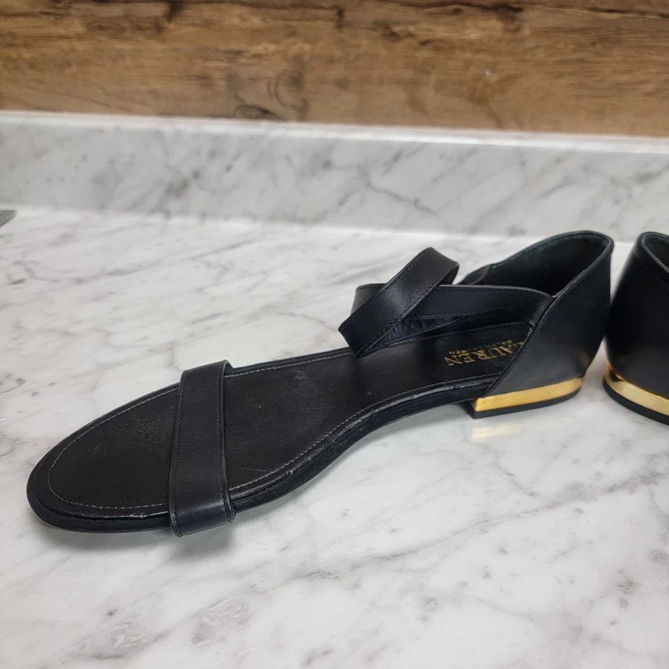 Sandalias Ralph Lauren Talla 11B Davison Cuero Negro Punta Baja Abierta Correa al Tobillo Foto 4 de 4