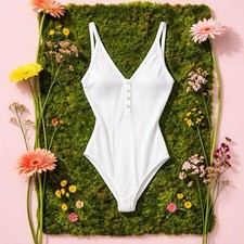 Free People White Ribbed V-Neck Bodysuit with Front Buttons