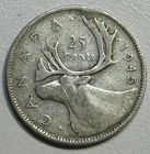 1945 Canada King George VI "MOOSE / Caribou" SILVER Quarter Coin 80% AG: 20% CU