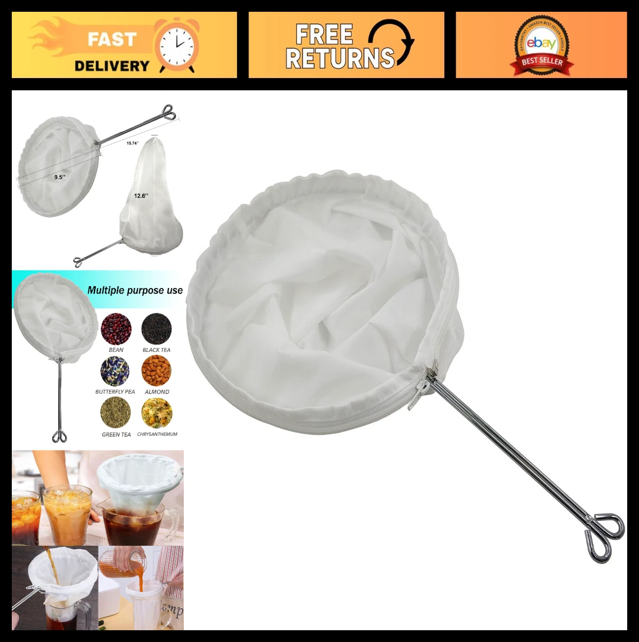 Large Thai Tea Filter - Natural Cloth Strainer for Coffee & Tea, 9.5"x12.5