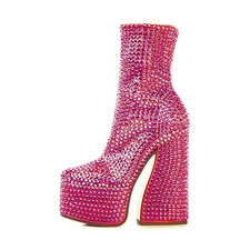 Bling Rhinestone Super Platform Chunky Heels Ankle Boots Square Toe Full Crystal