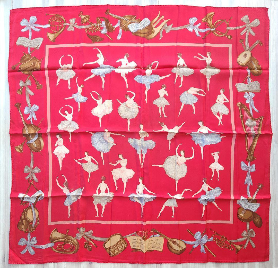 HERMES La Dance Silk Scarf Red 35.4 Inches Vintage 90 cm HERMES La Dance Silk Scarf Red 35.4 Inches Vintage 90 cm