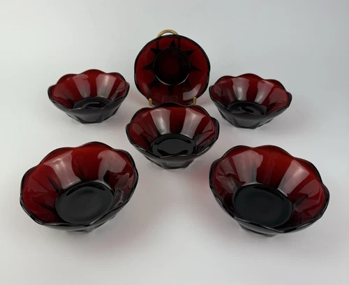 set of 6 1950s Anchor Hocking Ruby Red 4.5" Bowl Scalloped Berry