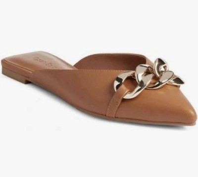 Open Edit Women's Kristina Pointed Toe Mule Camel Brown Gold Chain Size 9