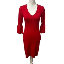 Trina Turk Sweater Dress Womens Medium Red Bell Sleeve Knee Length Holiday Party