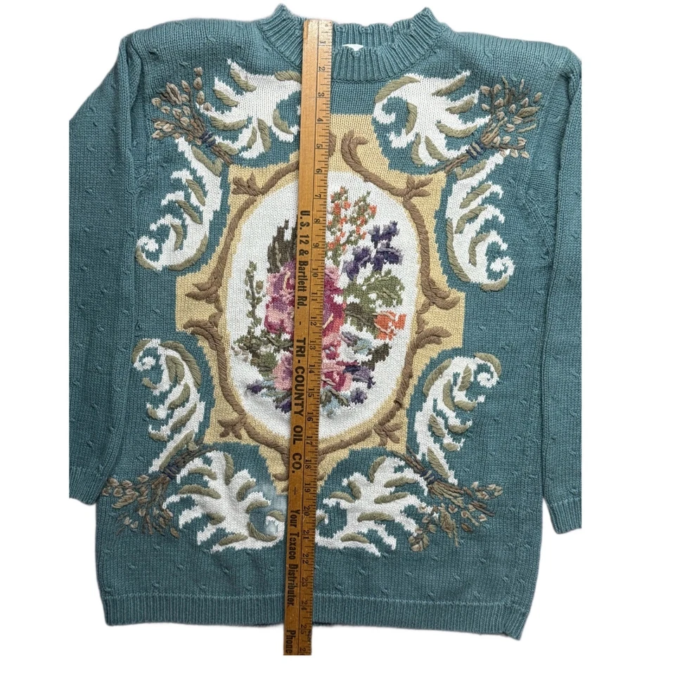 复古 90 年代休闲转角挂毯毛衣 S 刺绣花卉蓝绿色拉米丝绸针织 — 第 3/4 张图片