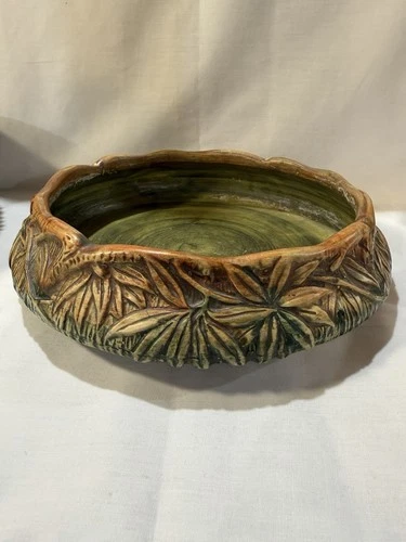 VINTAGE WELLER MARVO POTTERY 10” CONSOLE BOWL -GREEN AND BROWN MATTE FINISH