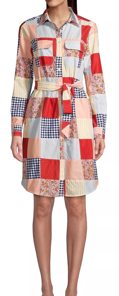 Lands End Patchwork Quilted Shirt Dress With Belt 100% Cotton Multicolor Size L - Image 2 of 4