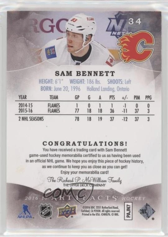 2016-17 Upper Deck Artifacts Dual Materials /125 Sam Bennett #34 - Image 2 of 2