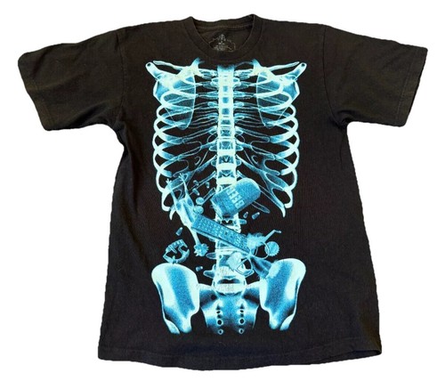 Vintage Y2K 2000s Grunge Emo Skater Skeleton Black Graphic T Shirt Sz M Flaw