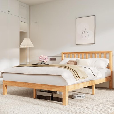 Queen Bed Frame with Headboard, Wood Platform Bed Frame, Farmhouse Style Bed ...