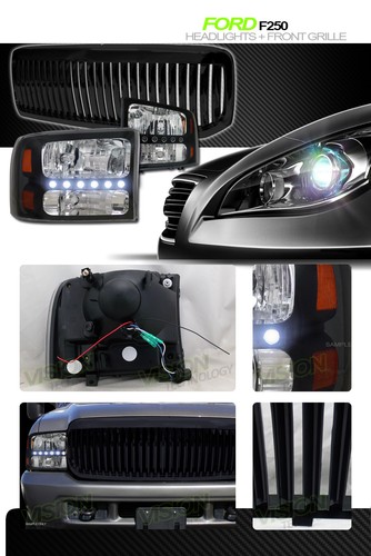 Black LED Headlights Signal Parking Amb 1Pc Ks+Vertical Grille For 99-04 F250 Sd - Picture 2 of 2