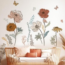 Large Boho Flower Wall Decals, Floral Grass and Butterfly Wall Stickers for