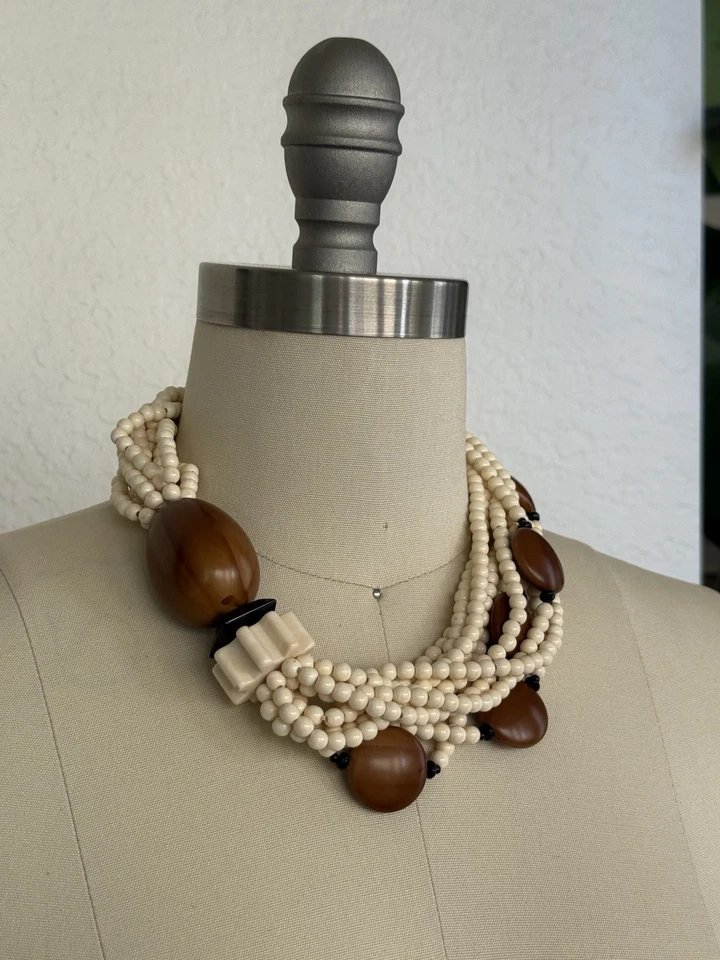 Collar Multihilo Estilo Angela Caputi Vintage Crema, Marrón y Negro Años 80-90 Foto 4 de 4
