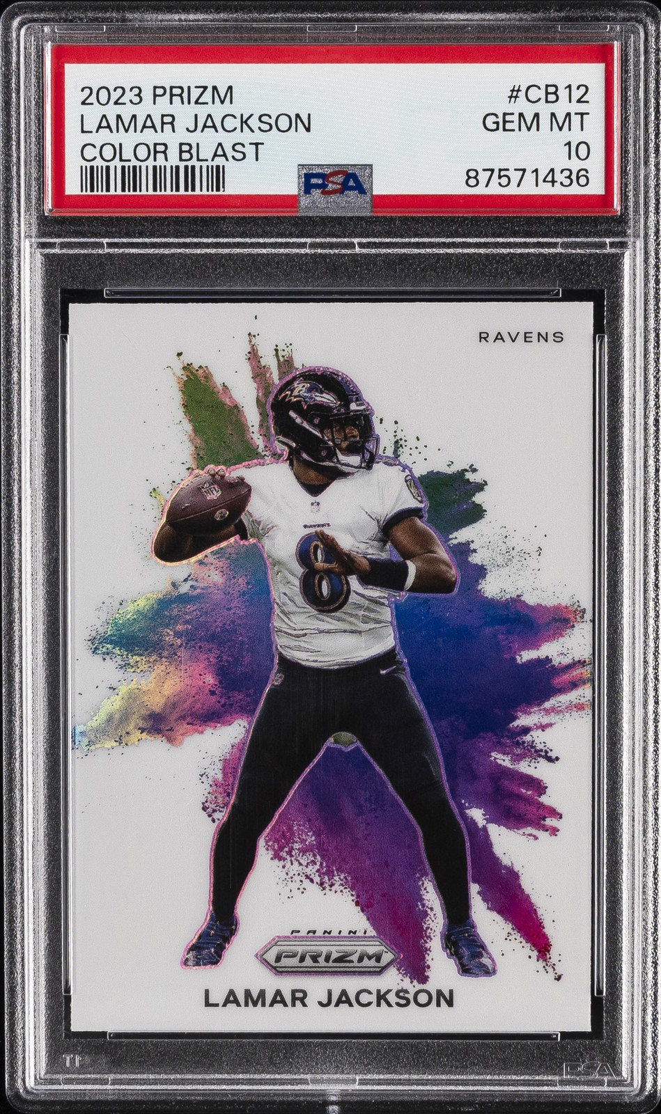 2023 PANINI PRIZM COLOR BLAST #CB12 LAMAR JACKSON PSA 10