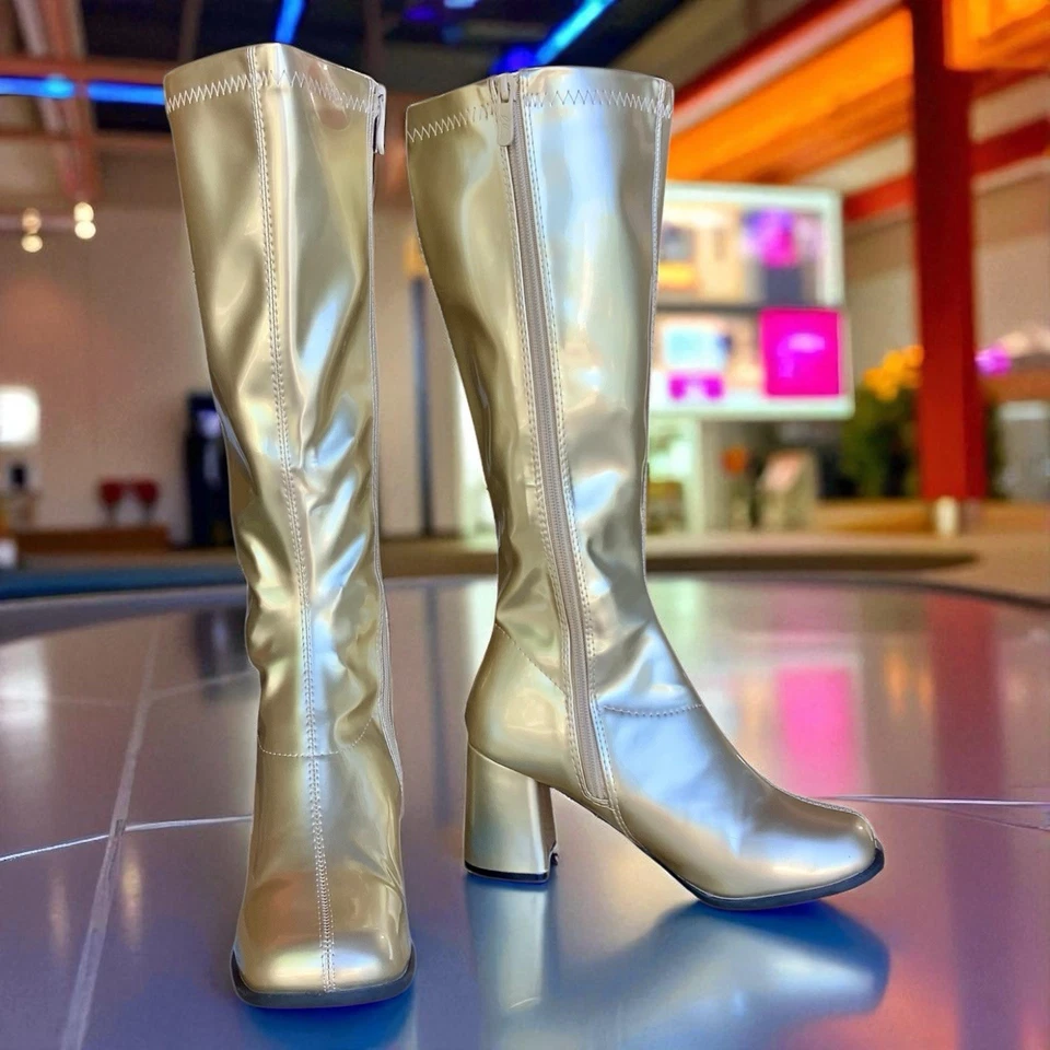 Botas GoGo de ouro brilhante joelho alto zíper 3” salto anos 70 fantasia discoteca hippie cosplay 7 - Imagem 2 de 4
