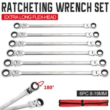6 Double Box End Extra Long Flex-Head Ratcheting Wrench Set CR-V Steel w/ Pouch