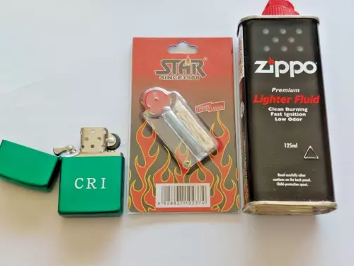 Green Oil Lighter + flint kit with wick Cigarette Lighter Refill Fluid 125ml - Picture 2 of 2