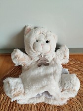 Doudou Histoire D'ours marionnette chat chiné beige blanc nez rose comme neuf 