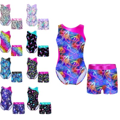 DE Kinder Mädchen Bedruckter Gymnastikanzug Ärmellos Leotard Jumpsuit mit Shorts