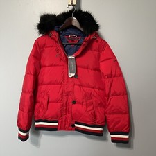 Size S-Tommy Hilfiger. Puffer Coat Women  s Faux Fur Trim Hooded Short Winter