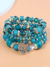 4pcs Heart Charm Blue Beaded Bracelet Women Bracelet Stackable Bracelet Crafted