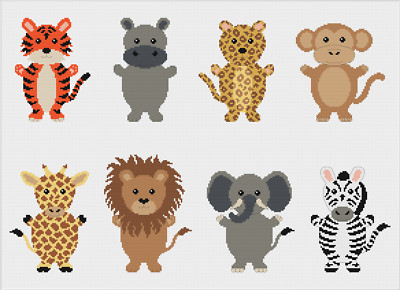 Safari Tiere Tiger Löwe Giraffe Zebra Kreuzstichmuster von Meloca Designs