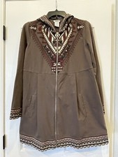 Tribal Trim Stadium Style Hooded Coat /jacket Zip Front 2 Pockets Cotton Khaki-l