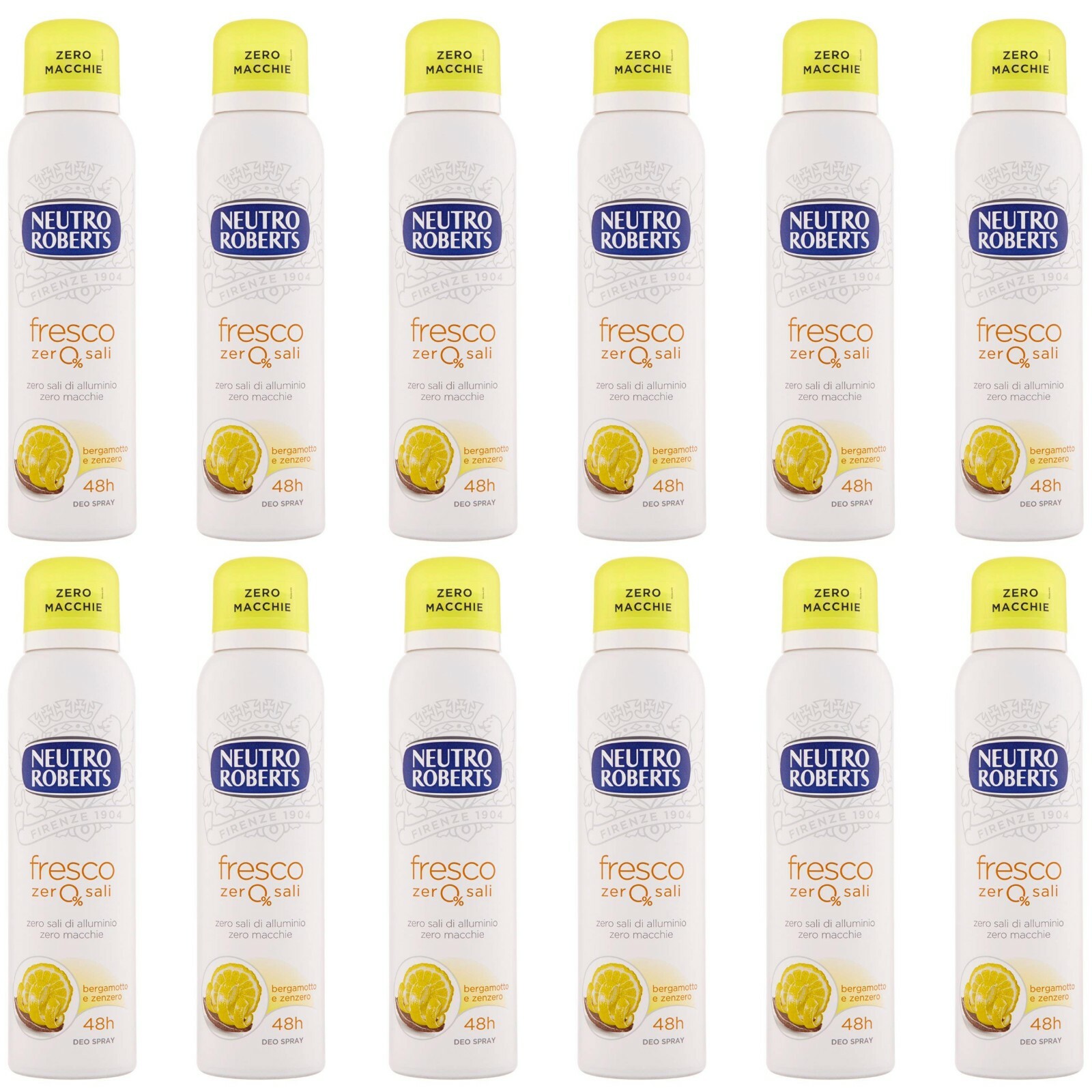 12pz NEUTRO ROBERTS DEODORANTE Spray 48h Fresco BERGAMOTTO E ZENZERO 150ml