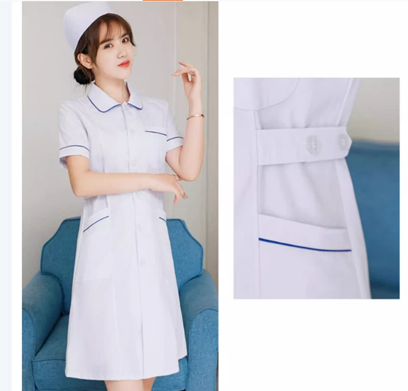 Women Nurse Doll Collar Doctor Beautician Lab Long Coat Work Clothes (Blue Edge） - Image 2 of 4