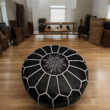 2x Set Traditional Black Pouf Modern Moroccan Footstool -Handcrafted Leather