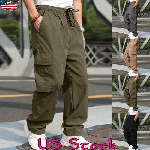 Men Workwear Elastic Waist Cargo Trousers Joggers Workout Loose Fit Casual Pants