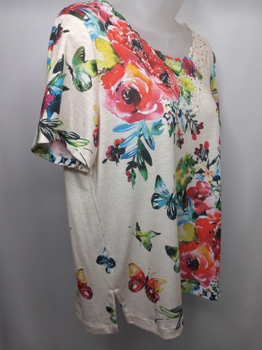 Alfred Dunner Petite Size PS Top Floral Multicolor Short Sleeve Pullover Sequin - Picture 7 of 8