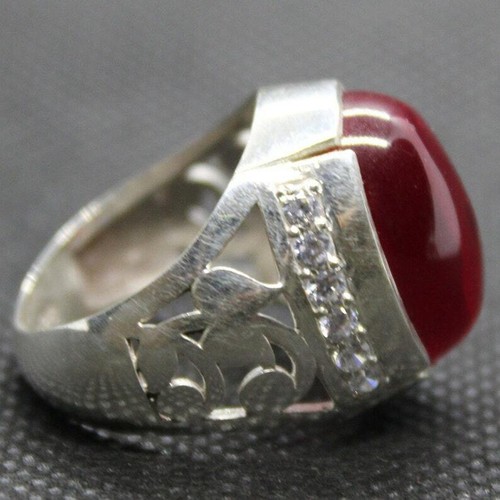 Lab Created Ruby Cabochon Men Ring Roby Ring Yaqut Ring Ring Handmade Ring - Picture 9 of 10