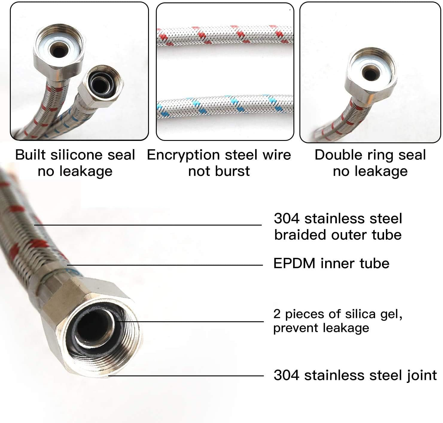 40Inch Long Bathroom Kitchen Faucet Connector Braided Supply Hose 3/8