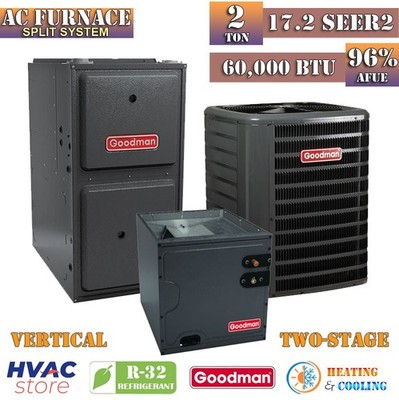 Goodman 2 Ton 17.2 SEER2 AC & Gas Furnace System 96% AFUE 60K BTU Vertical R32