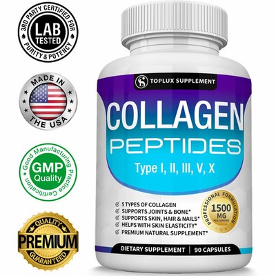  Premium Collagen Peptides 1500 MG Hydrolyzed Anti-Aging (Types I,II,III,V,X)   