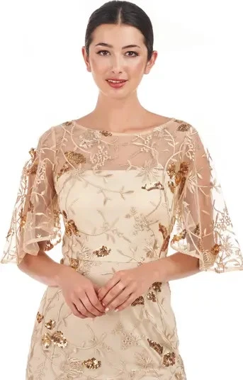 JS Collections Gold Taupe Daphne Embroidered Sequin Column Gown Size 6 $298 - Image 3 of 3