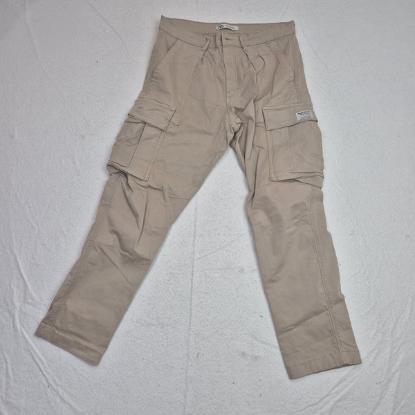 Womens Cargo Pants ZARA EUR 40 Straight Leg High Rise Pockets beige belt 581