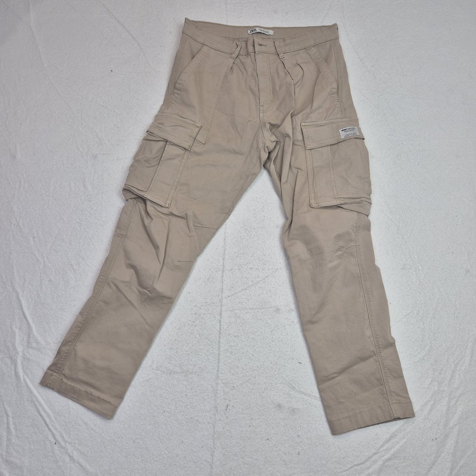 Womens Cargo Pants ZARA EUR 40 Straight Leg High Rise Pockets beige belt 581