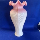 Fenton Milk Glass Vase Pink/White Ruffled Glossy Finish 10 in Decorative