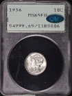 1936 Mercury Dime PCGS MS-65 FB CAC Old Green Rattler Holder