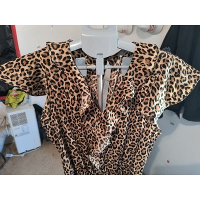 Ces Femme leopard romper size Medium ruffles silky bell bottoms