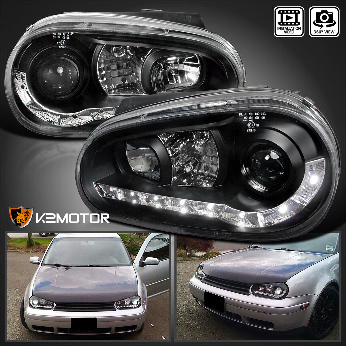 Black Fits 1999-2006 Volkswagen Golf MK4 LED Strip Projector Headlights Lamps |