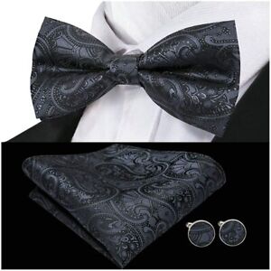 USA Mens Plaids Black Bow Tie Set Silk Pre-Tied Bowtie Pocket Square Cufflinks