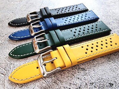 Leather Rally Racing Watch Strap Band 18 20 22 24 mm Yellow Blue Green Black UK