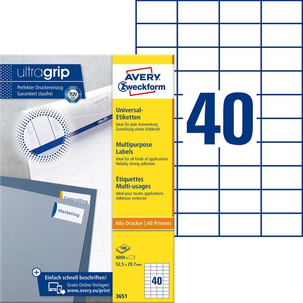 Avery Zweckform® 3651 3651 Universal-Etiketten - 52,5 X 29,7 Mm, Weiß, 4.000 Eti-image
