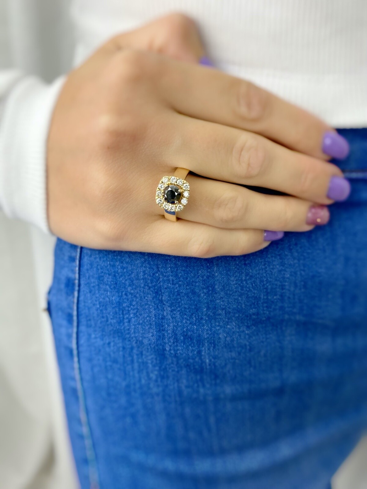 1.46ctw Round Black Diamond Cushion Halo Ring 14K Solid Yellow Gold eBay