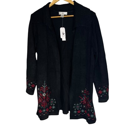 Christopher & Banks Womens M Petite Open Front Longline Snowflake Cardigan Black