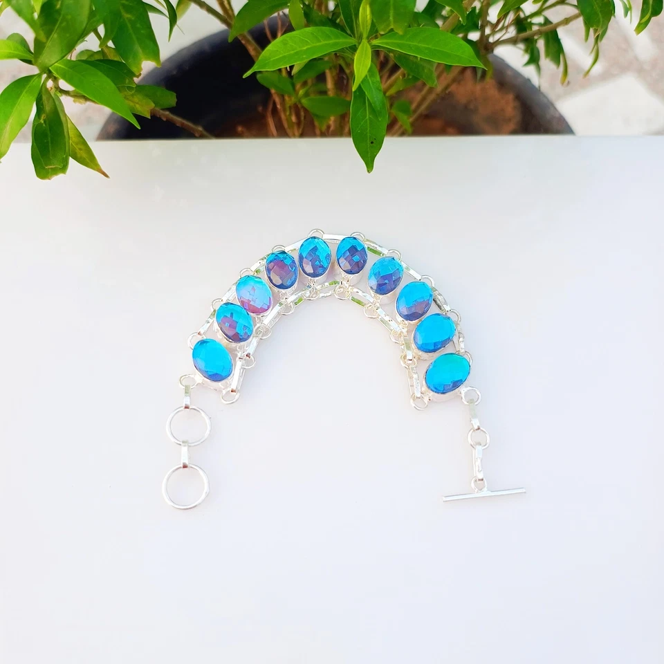 Pulsera de piedras preciosas de topacio bicolor de plata de ley 925 hecha a mano joyería ajustable Foto 3 de 4